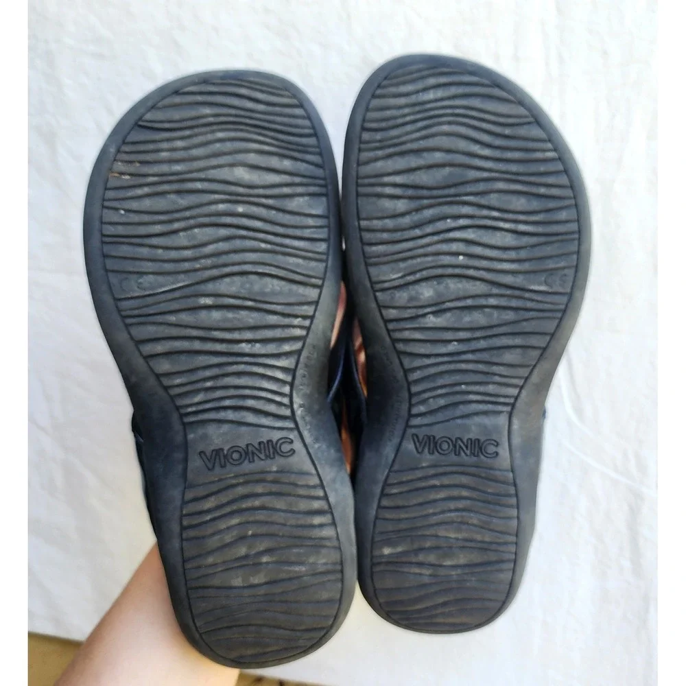 Vionic US 9 Black Leather Flip Flop Sandals Arch Support Minimalist Comfy‎
